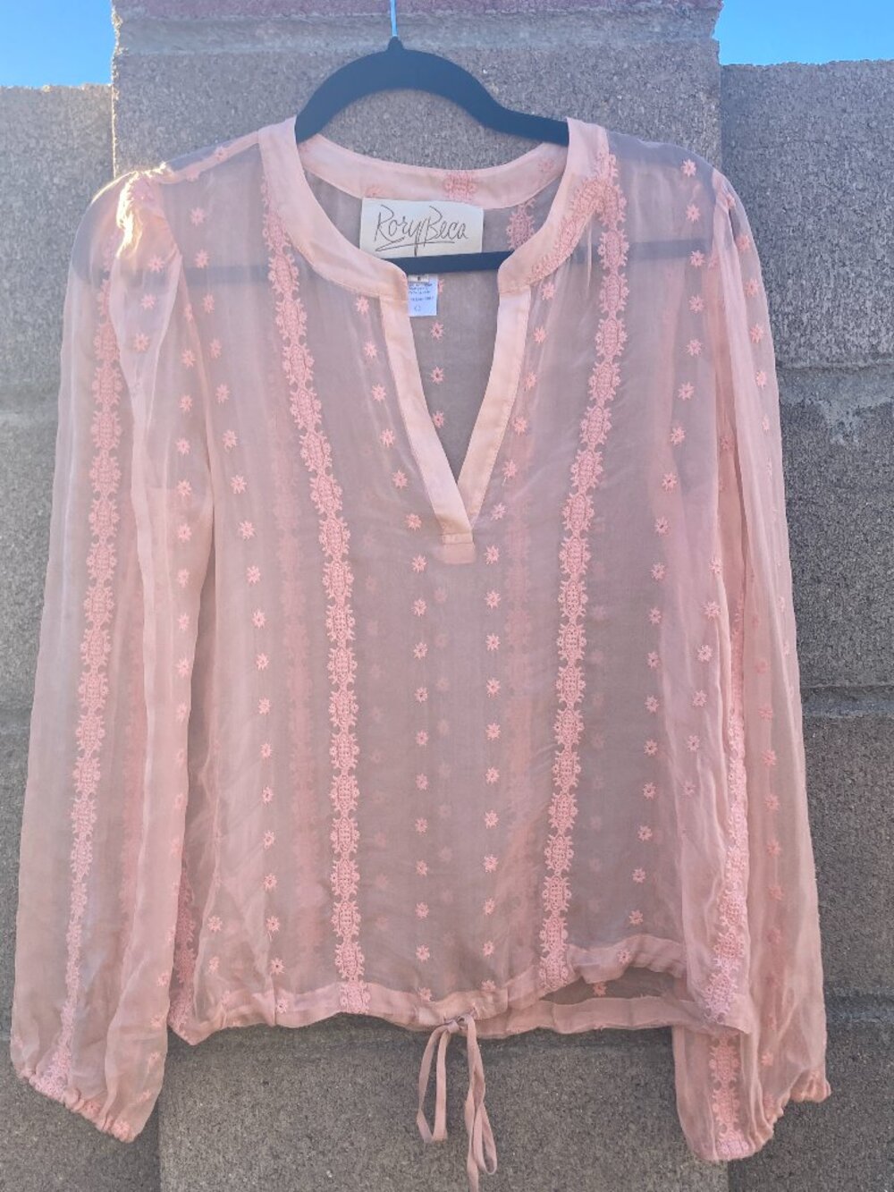Rory Beca 100% silk pale peach sheer embroidered boho blouse size S